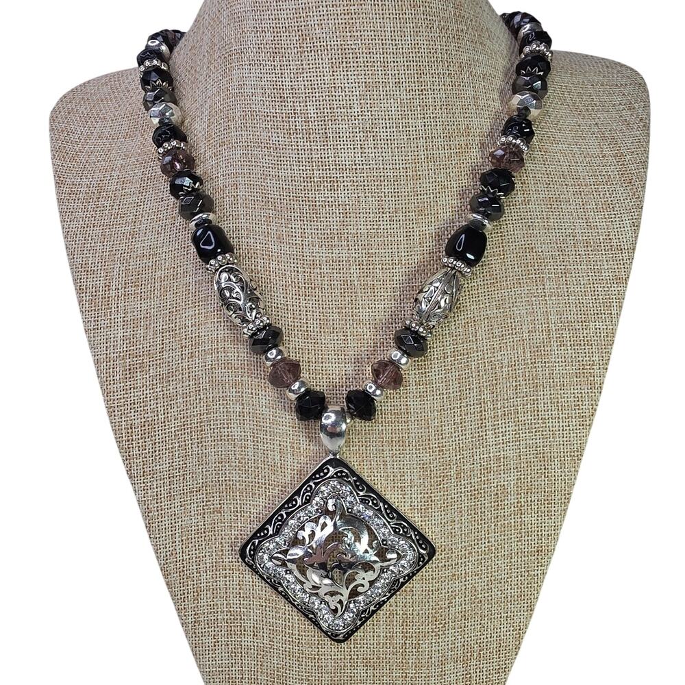 Vintage Necklace 20 Inch Beaded w/ Pendant 2.5 Inch Black Purple Silver Tone